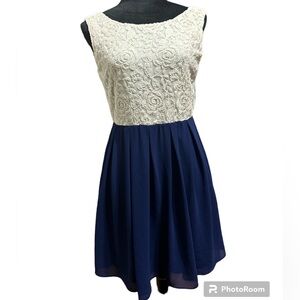 Alya Navy Ivory Lace Fit Flare Dress Size M Juniors Mini Skater Formal
